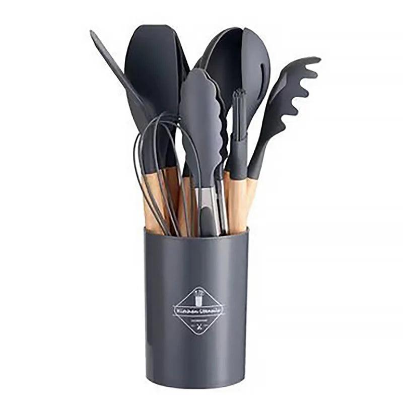 Conjunto Elegance de Utensílios de Cozinha em Silicone com Alça de Madeira