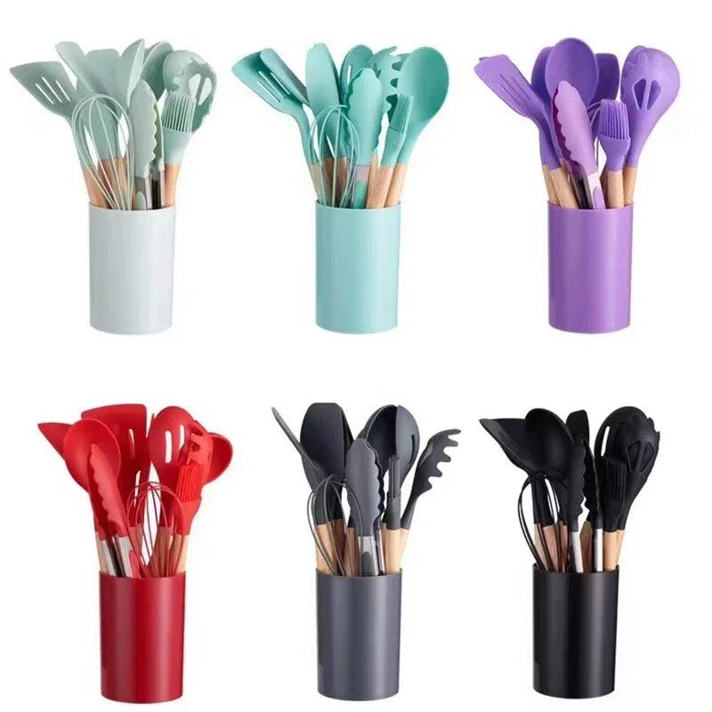 Conjunto Elegance de Utensílios de Cozinha em Silicone com Alça de Madeira