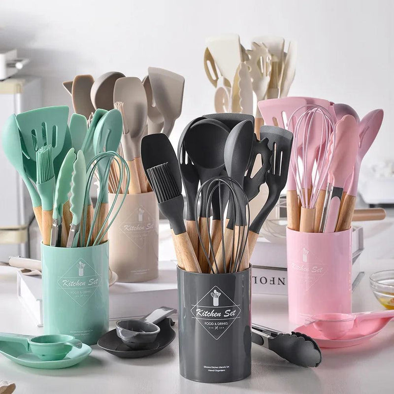 Conjunto Elegance de Utensílios de Cozinha em Silicone com Alça de Madeira